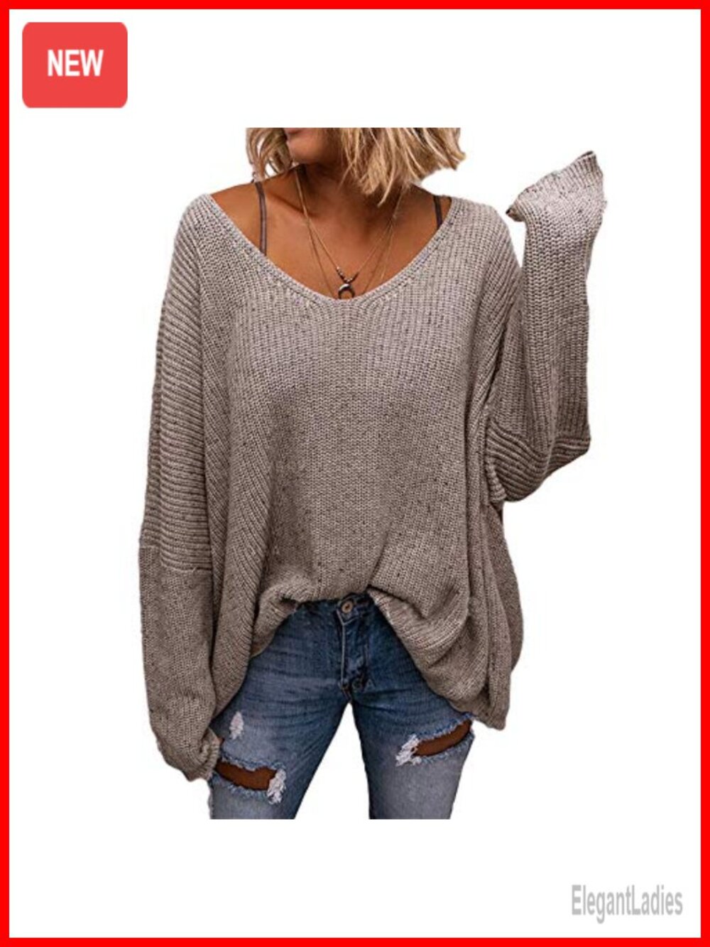 Waffle Knit V-Neck Oversized Pullover Sweater Long Sleeve